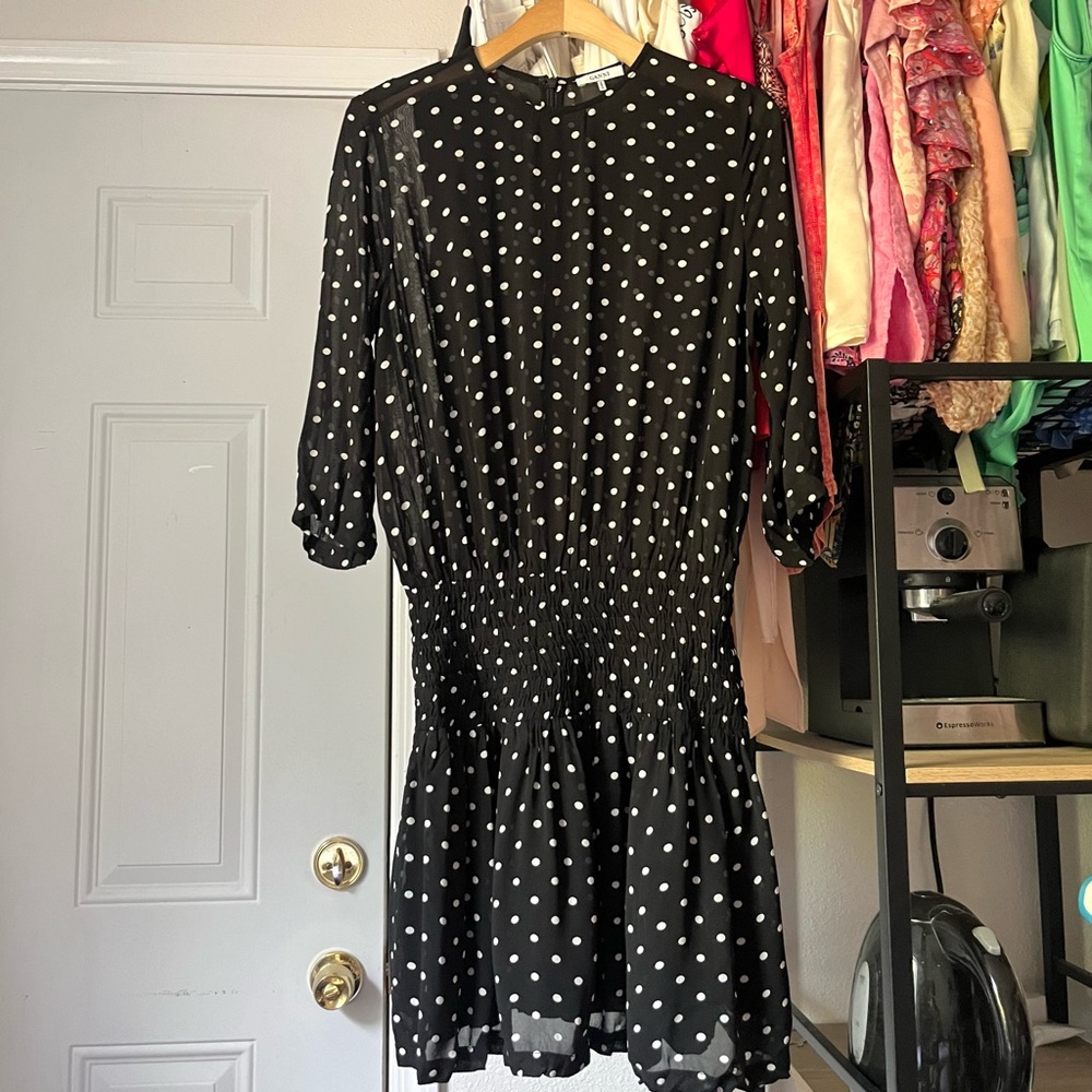 GANNI black white polka dot sheer short‎ sleeve ruched waist mini dress